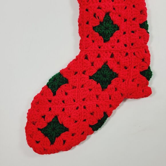 Vintage Crochet Knitted Christmas Stocking Red Green Handmade - Picture 6 of 7